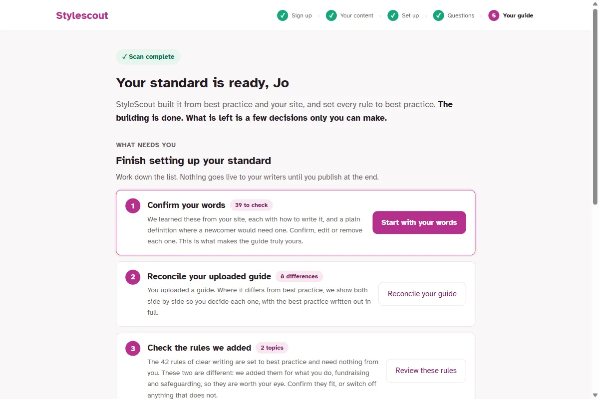 The StyleScout generated style guide, ready to review